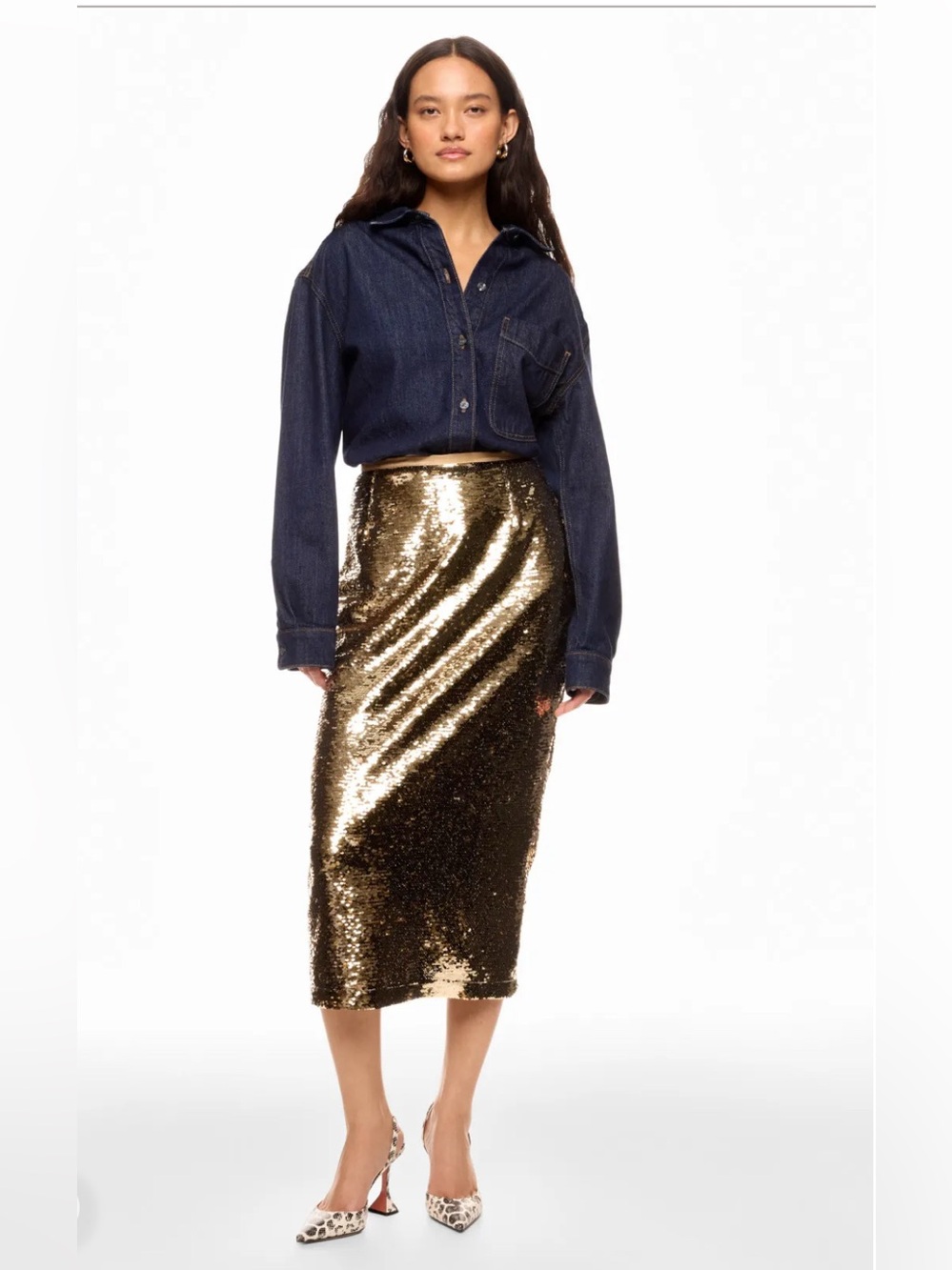 Marie Oliver Wray Skirt Gold Sequin Midi Skirt Size 10